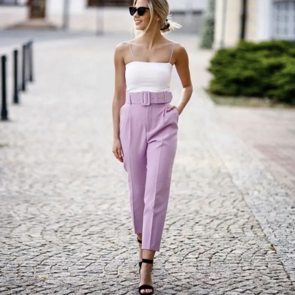 Zara Pants - ZARA WOMEN’S NWT BELTED HIGH-WAISTED PANTS LILAC PURPLE SIZE S,M,L,XL